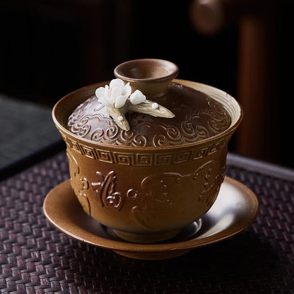 High-grade White Porcelain Gaiwan Hand-pinching Flower Three Talents Cover bowl Tea Cup Set Household women Kung Fu TeaSet  Gift