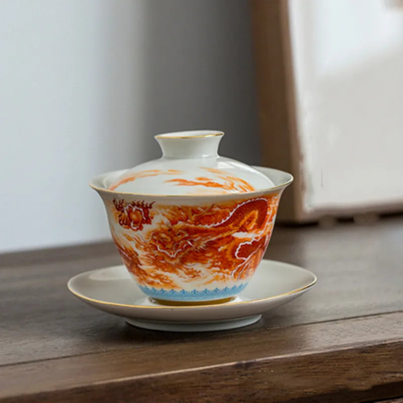 High-quality  Dehua Porcelain Dragon and Phoenix Gaiwan  Kung Fu Tea Set Teacup Personal Use Gift For Festival