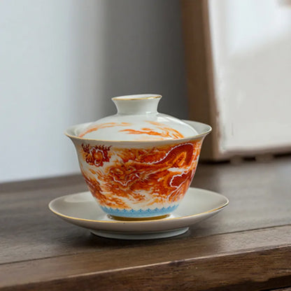 High-quality  Dehua Porcelain Dragon and Phoenix Gaiwan  Kung Fu Tea Set Teacup Personal Use Gift For Festival