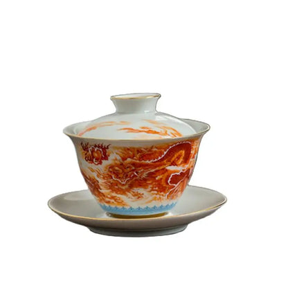 High-quality  Dehua Porcelain Dragon and Phoenix Gaiwan  Kung Fu Tea Set Teacup Personal Use Gift For Festival