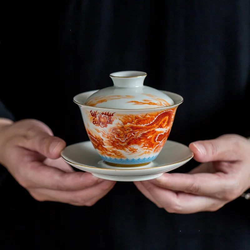 High-quality  Dehua Porcelain Dragon and Phoenix Gaiwan  Kung Fu Tea Set Teacup Personal Use Gift For Festival