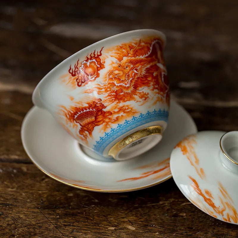 High-quality  Dehua Porcelain Dragon and Phoenix Gaiwan  Kung Fu Tea Set Teacup Personal Use Gift For Festival