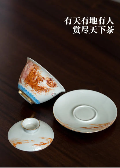 High-quality  Dehua Porcelain Dragon and Phoenix Gaiwan  Kung Fu Tea Set Teacup Personal Use Gift For Festival