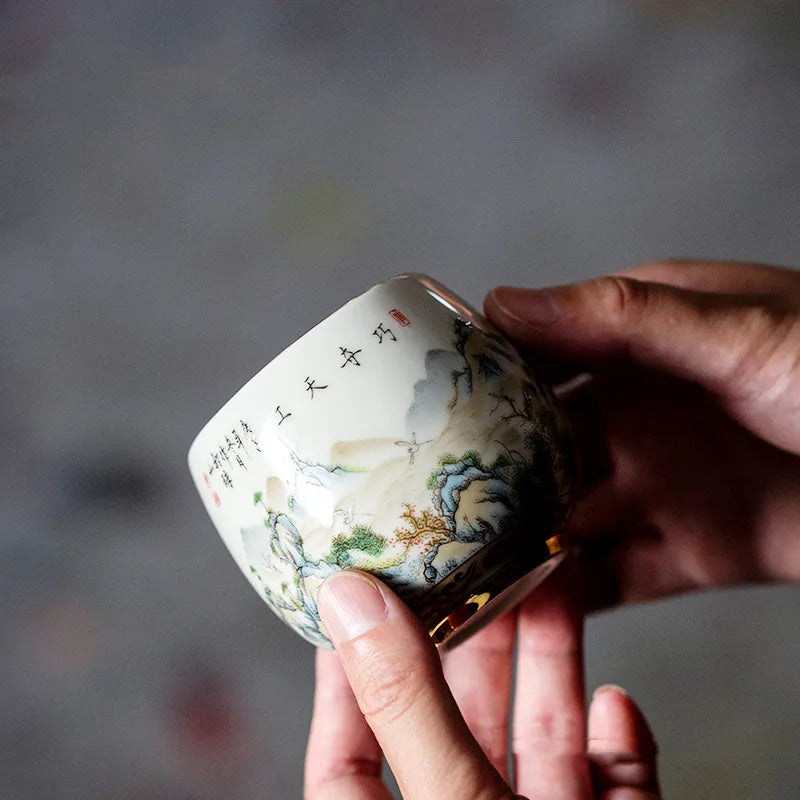 High-quality Dehua Porcelain Garden Drawing Cup Master Cup Kung Fu Tea Set Large tea cup Personal Use Gift For Festival