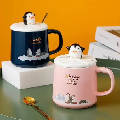 High quality penguin heat-resistant cup color cartoon with lid cup penguin milk coffee ceramic mug Drinkware cup office gift