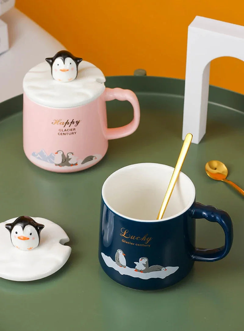 High quality penguin heat-resistant cup color cartoon with lid cup penguin milk coffee ceramic mug Drinkware cup office gift