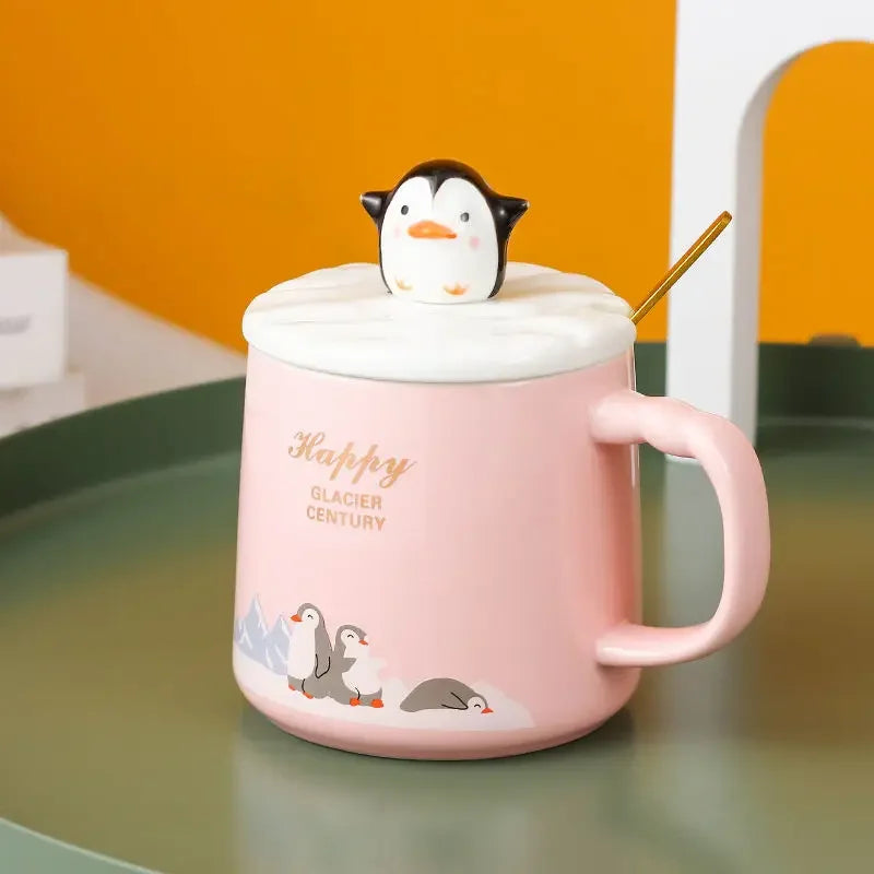 High quality penguin heat-resistant cup color cartoon with lid cup penguin milk coffee ceramic mug Drinkware cup office gift