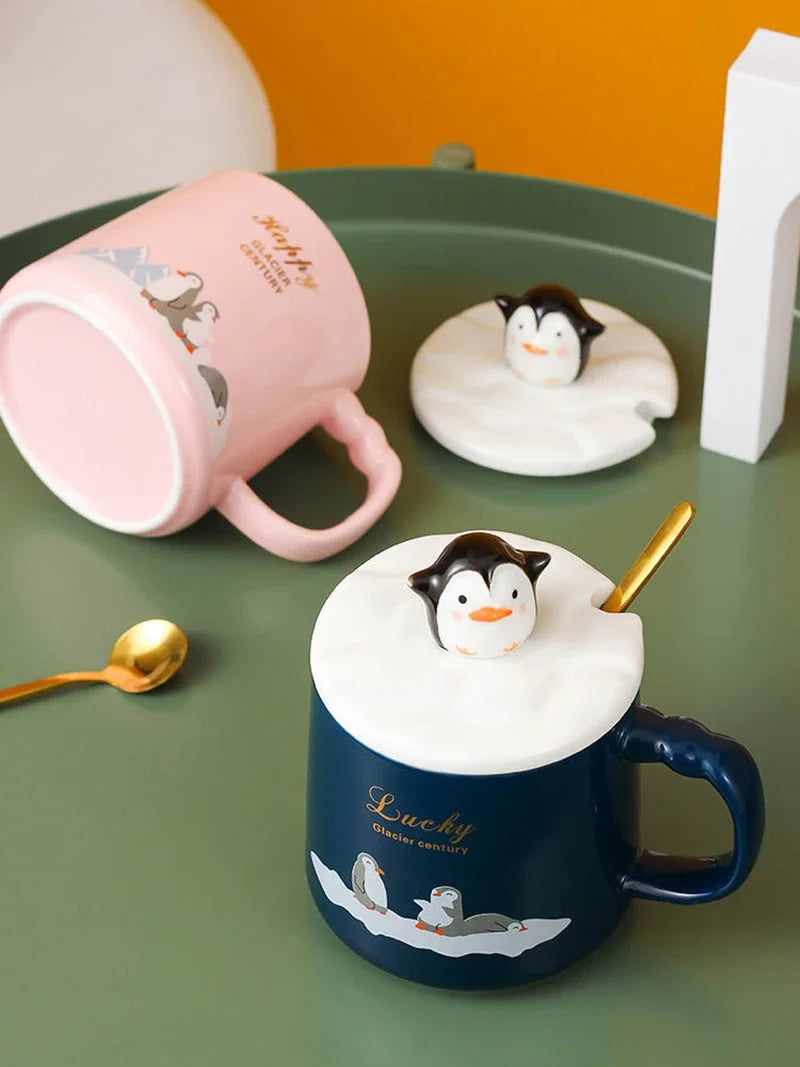 High quality penguin heat-resistant cup color cartoon with lid cup penguin milk coffee ceramic mug Drinkware cup office gift