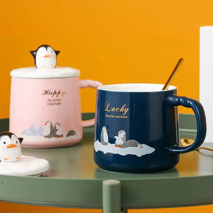 High quality penguin heat-resistant cup color cartoon with lid cup penguin milk coffee ceramic mug Drinkware cup office gift