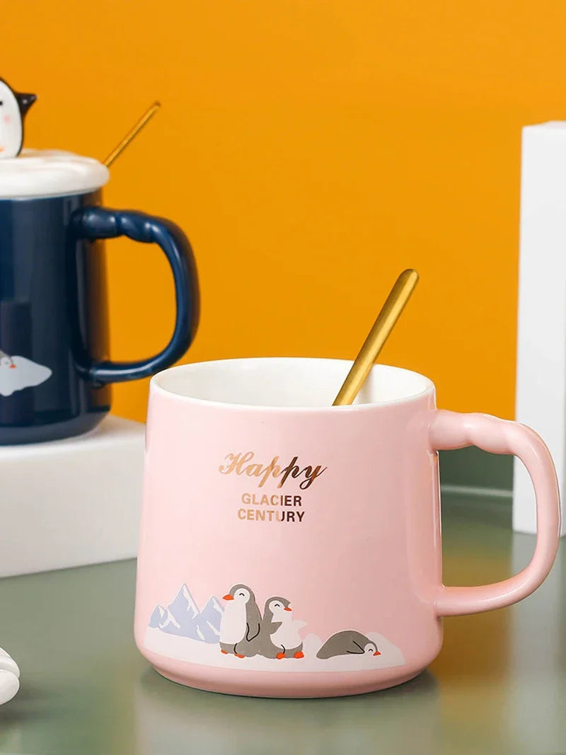 High quality penguin heat-resistant cup color cartoon with lid cup penguin milk coffee ceramic mug Drinkware cup office gift