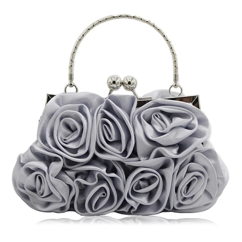 Highend luxury Satin flower cloth bag hand-sewn 14 roses dinner bag color cloth dress bridal bag party elegant purses