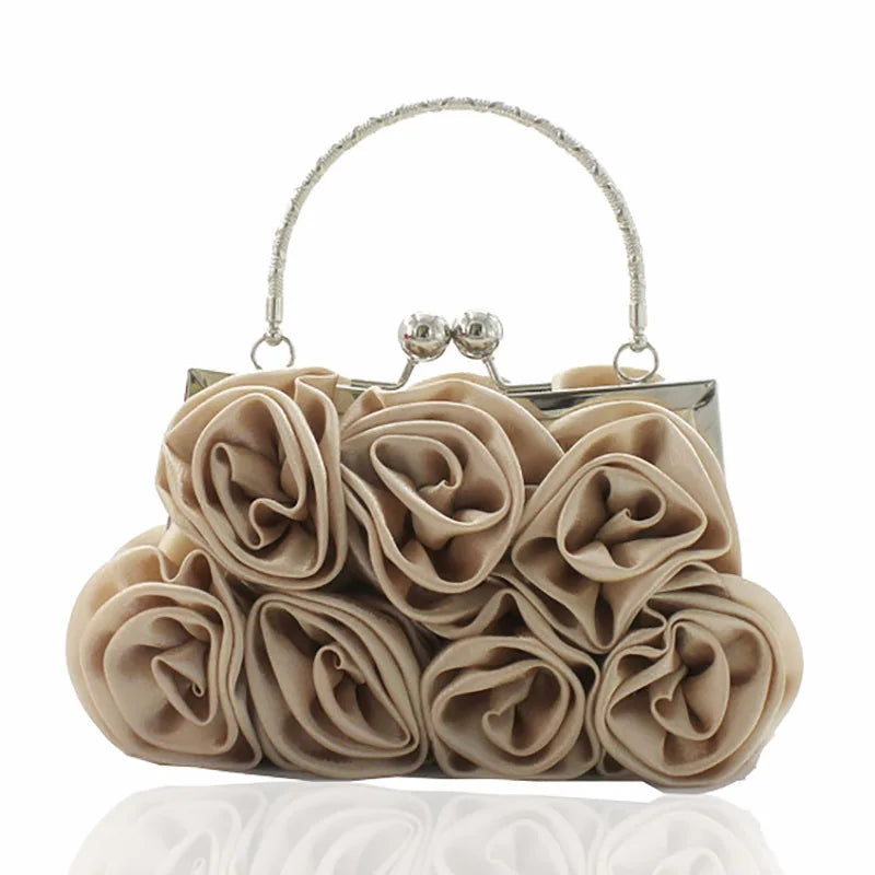 Highend luxury Satin flower cloth bag hand-sewn 14 roses dinner bag color cloth dress bridal bag party elegant purses