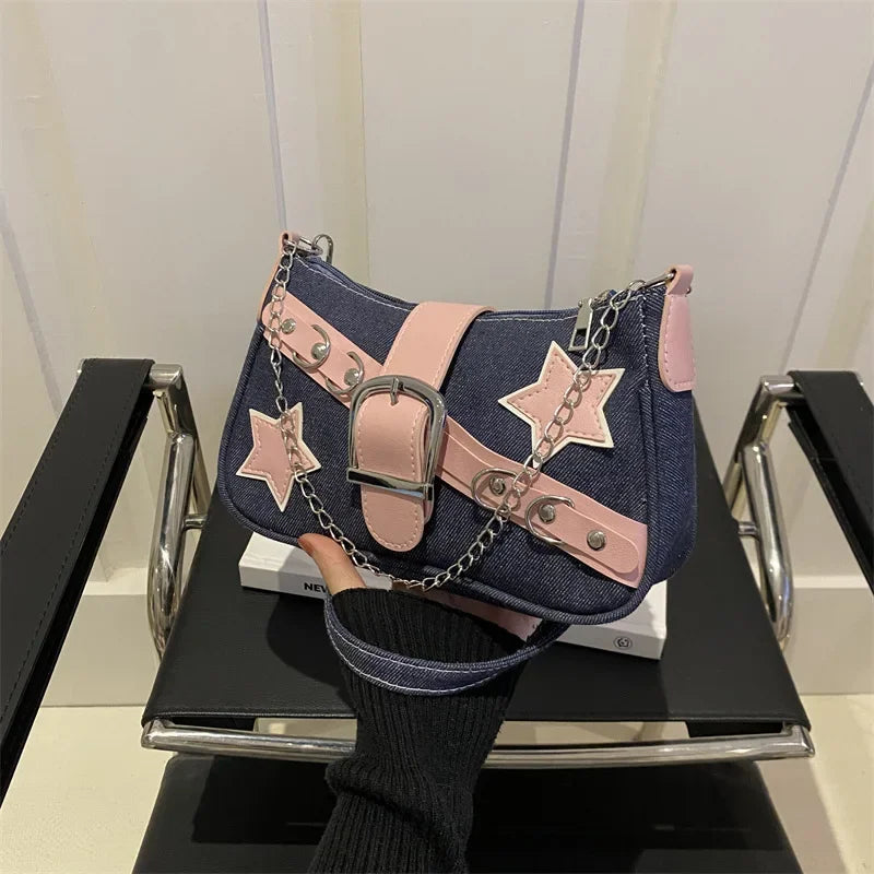 Hip-Hop Hot Girl Fashion Belt Rivet Star Chain Shoulder Bag 2024 New Personalized Crossbody Bag Designer Bags Luxury for Women