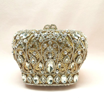 Hollow Out Gold Colorful Crown Lady Gift Purse Woman Diamond Bridal Dinner Stone Handbag Crystal Wedding Party Prom Evening Bag