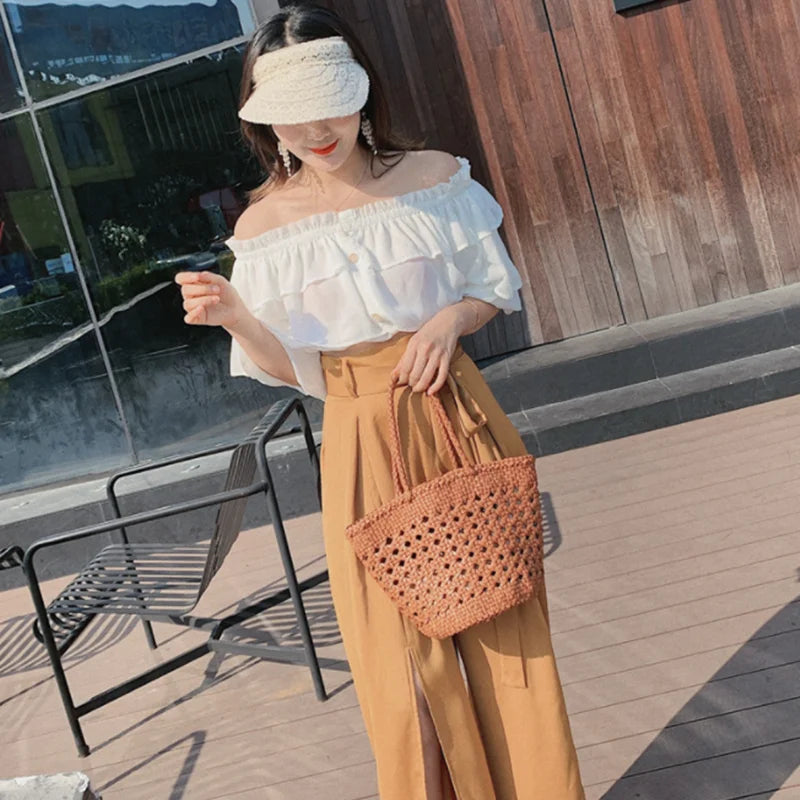 Hollowed out Cowhide hand-woven shoulder bag retro leather woven bucket bag Single shoulder vegetable basket bag female