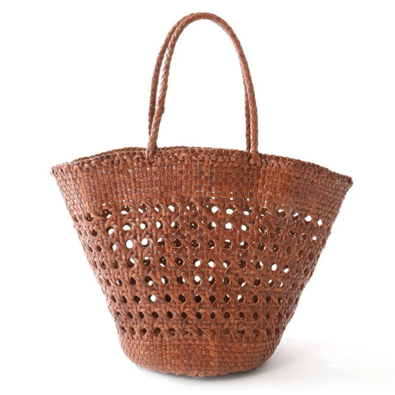 Hollowed out Cowhide hand-woven shoulder bag retro leather woven bucket bag Single shoulder vegetable basket bag female