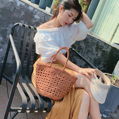 Hollowed out Cowhide hand-woven shoulder bag retro leather woven bucket bag Single shoulder vegetable basket bag female