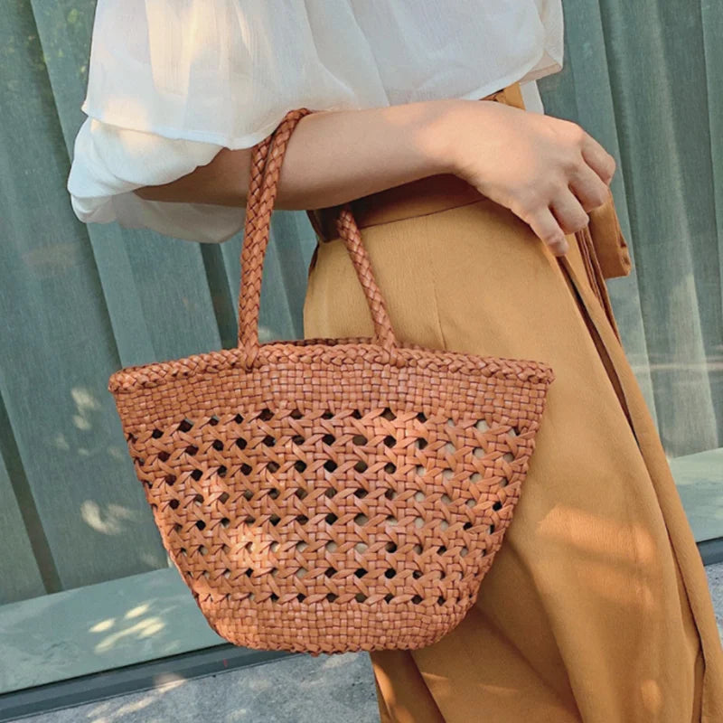 Hollowed out Cowhide hand-woven shoulder bag retro leather woven bucket bag Single shoulder vegetable basket bag female