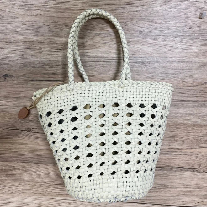Hollowed out Cowhide hand-woven shoulder bag retro leather woven bucket bag Single shoulder vegetable basket bag female