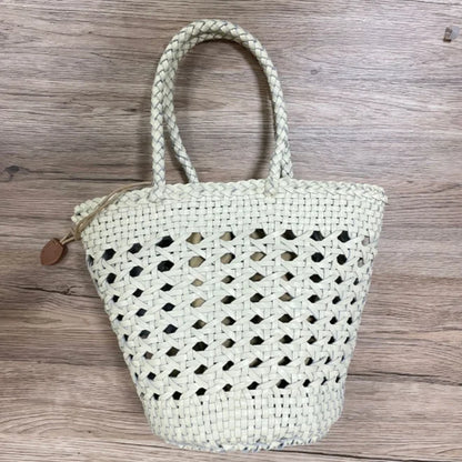 Hollowed out Cowhide hand-woven shoulder bag retro leather woven bucket bag Single shoulder vegetable basket bag female