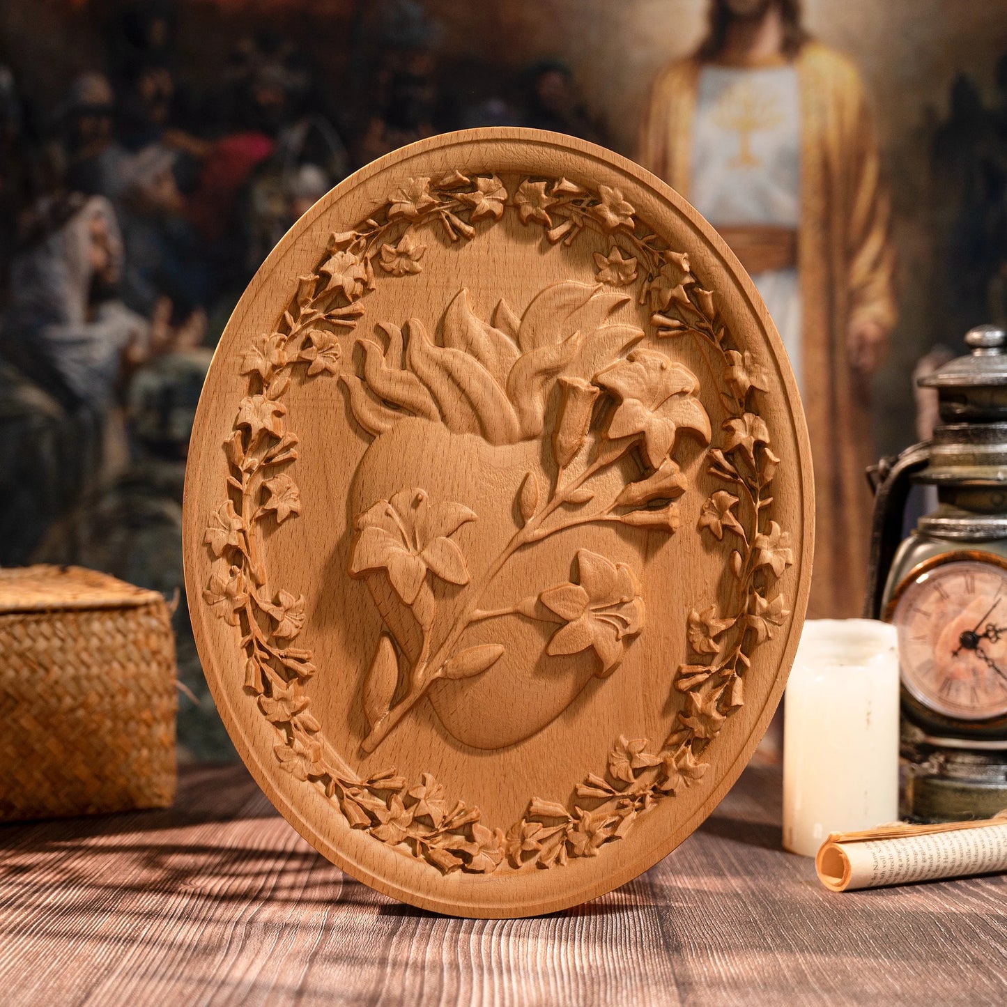 Holy Family Three Hearts Wall Decoration Wood Carving Sacred Heart of Jesus, Sacred Heart of Mary, Heart of Joseph