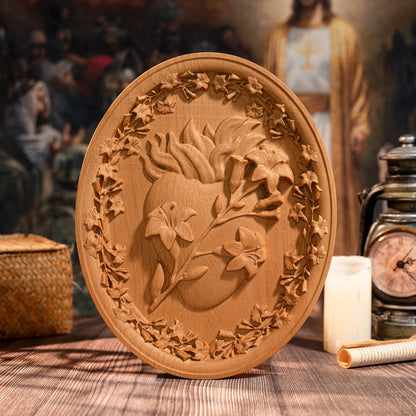 Holy Family Three Hearts Wall Decoration Wood Carving Sacred Heart of Jesus, Sacred Heart of Mary, Heart of Joseph