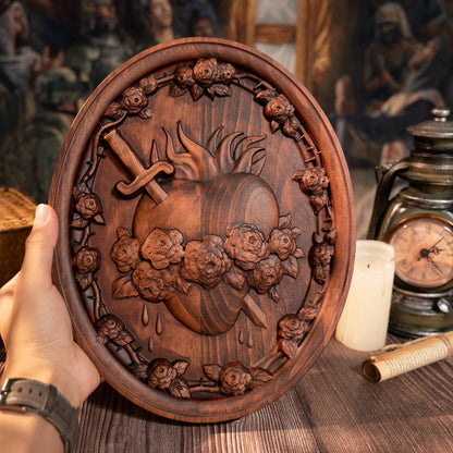 Holy Family Three Hearts Wall Decoration Wood Carving Sacred Heart of Jesus, Sacred Heart of Mary, Heart of Joseph
