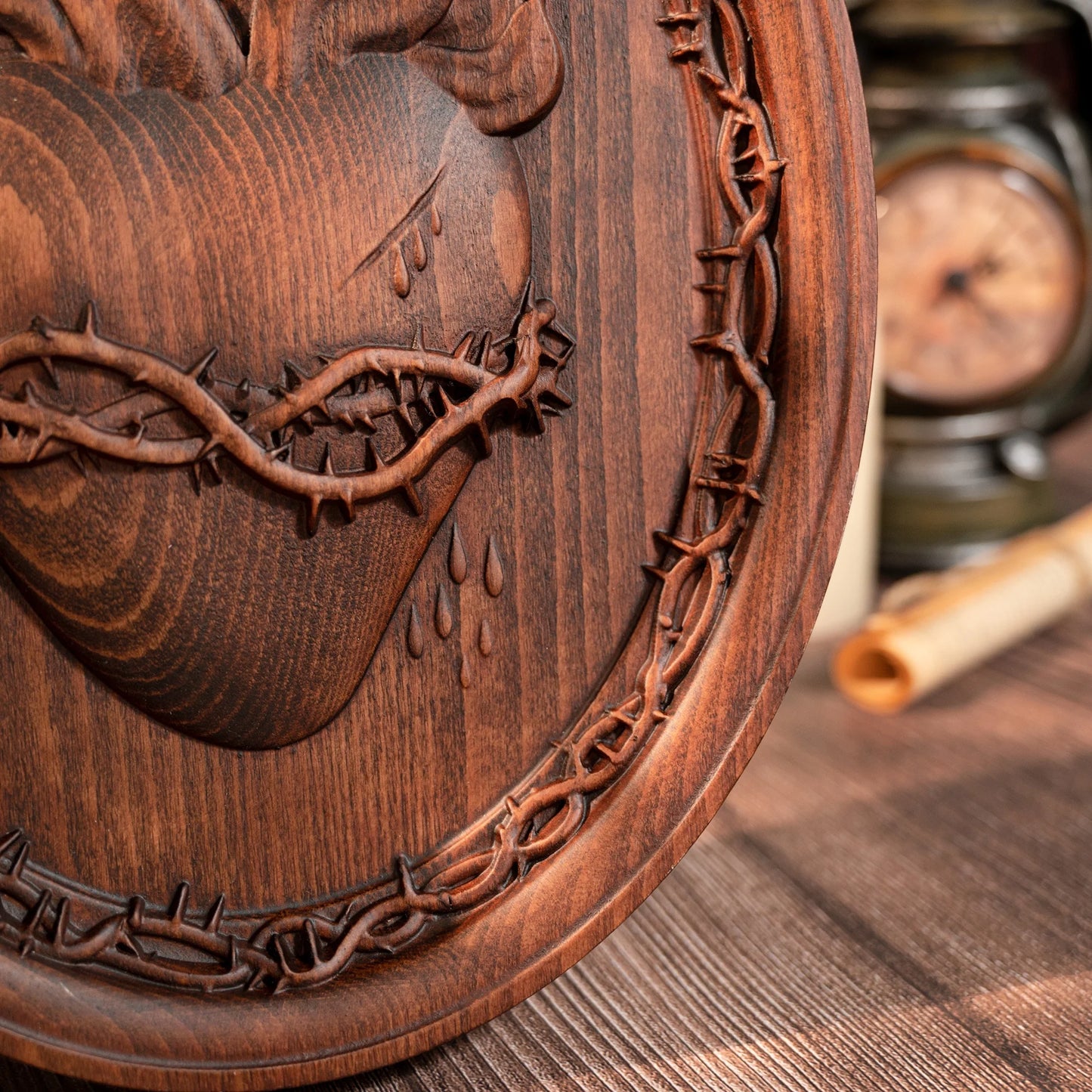 Holy Family Three Hearts Wall Decoration Wood Carving Sacred Heart of Jesus, Sacred Heart of Mary, Heart of Joseph