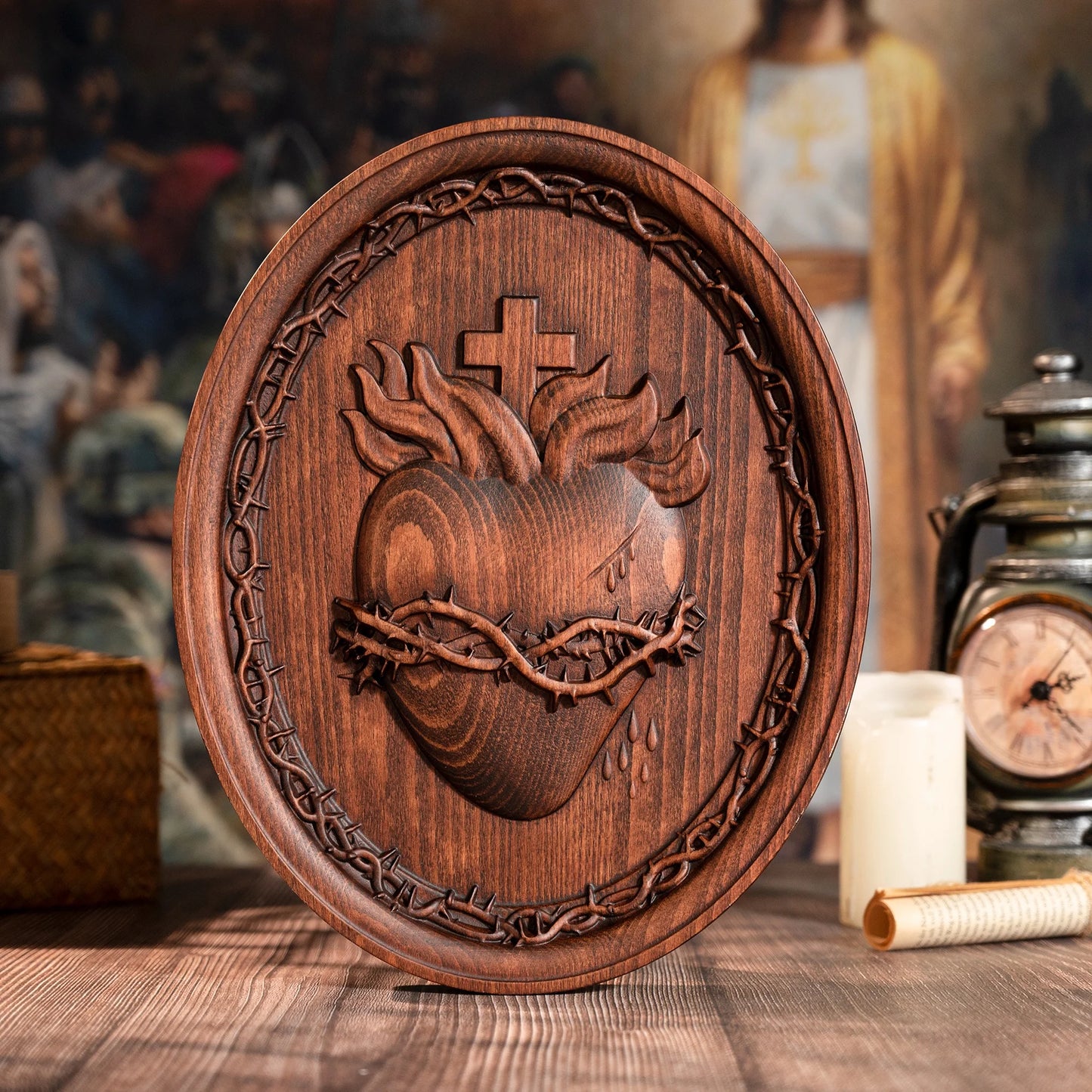 Holy Family Three Hearts Wall Decoration Wood Carving Sacred Heart of Jesus, Sacred Heart of Mary, Heart of Joseph