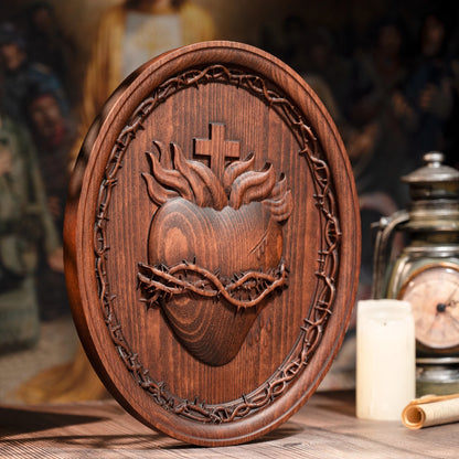 Holy Family Three Hearts Wall Decoration Wood Carving Sacred Heart of Jesus, Sacred Heart of Mary, Heart of Joseph