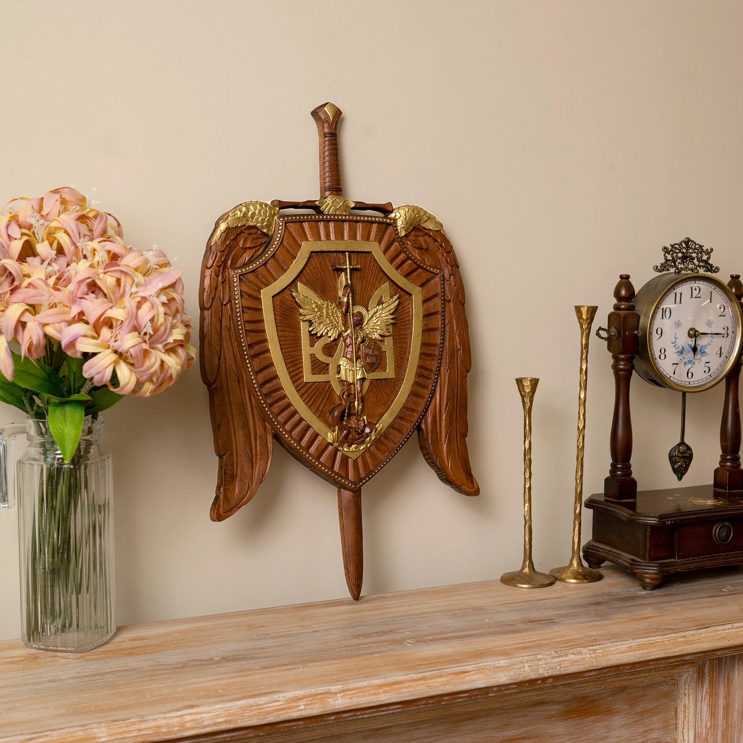 Holy Sword Archangel Michael Shield Wood Carving Christian Wall Hanging Decoration Wooden Icon Art Free Shipping