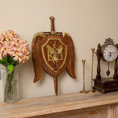 Holy Sword Archangel Michael Shield Wood Carving Christian Wall Hanging Decoration Wooden Icon Art Free Shipping