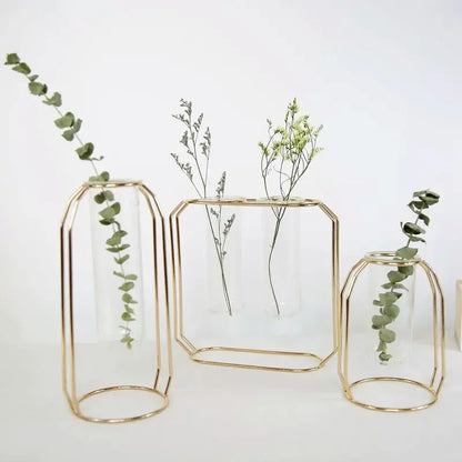 Home Decor Glass Flower Pot Iron Art Vase Rose Gold Hanging Test Tube Nordic Flower Vases Office Tabletop Flowerpots