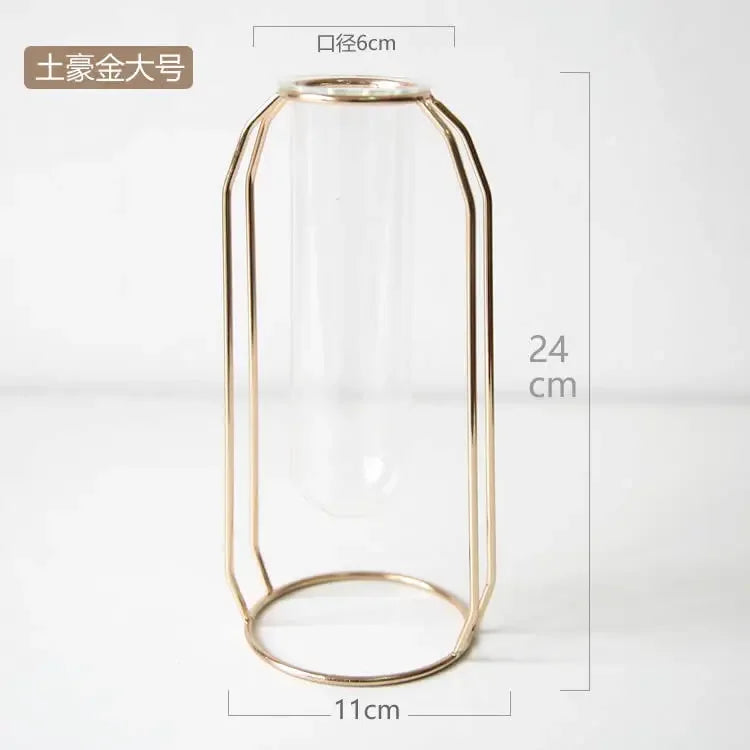 Home Decor Glass Flower Pot Iron Art Vase Rose Gold Hanging Test Tube Nordic Flower Vases Office Tabletop Flowerpots