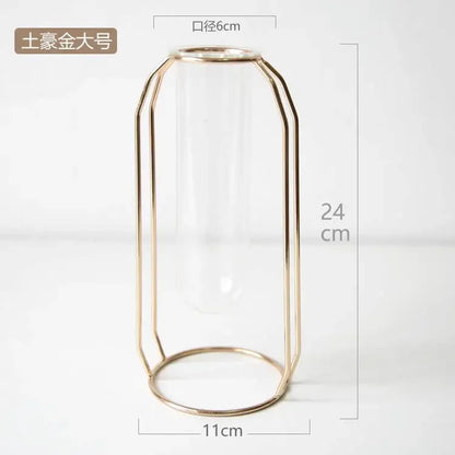 Home Decor Glass Flower Pot Iron Art Vase Rose Gold Hanging Test Tube Nordic Flower Vases Office Tabletop Flowerpots