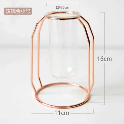 Home Decor Glass Flower Pot Iron Art Vase Rose Gold Hanging Test Tube Nordic Flower Vases Office Tabletop Flowerpots