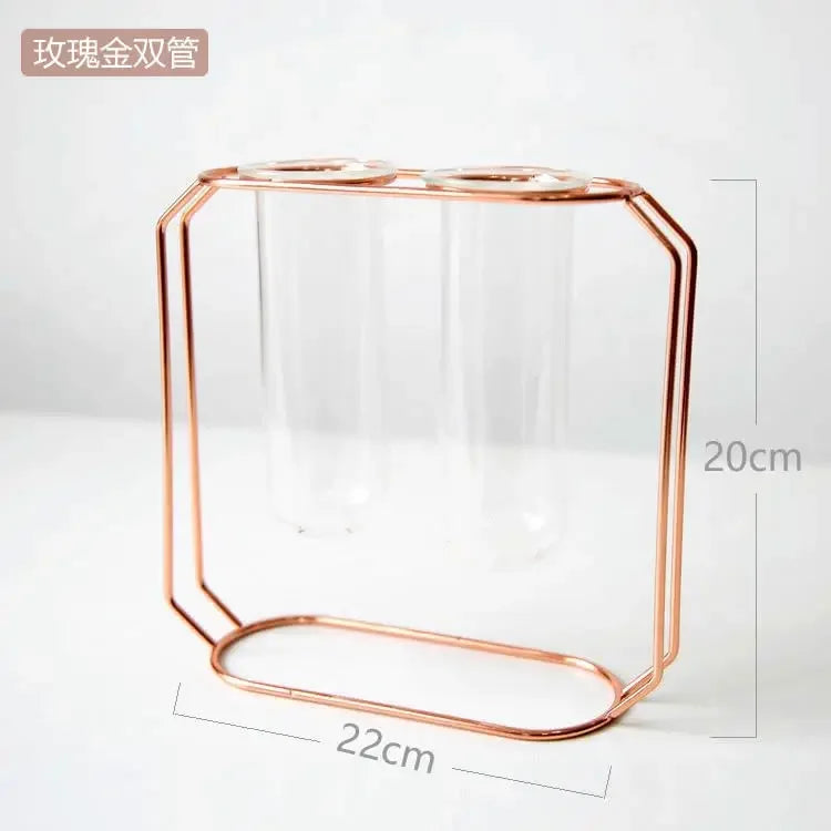 Home Decor Glass Flower Pot Iron Art Vase Rose Gold Hanging Test Tube Nordic Flower Vases Office Tabletop Flowerpots