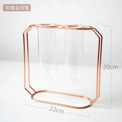 Home Decor Glass Flower Pot Iron Art Vase Rose Gold Hanging Test Tube Nordic Flower Vases Office Tabletop Flowerpots