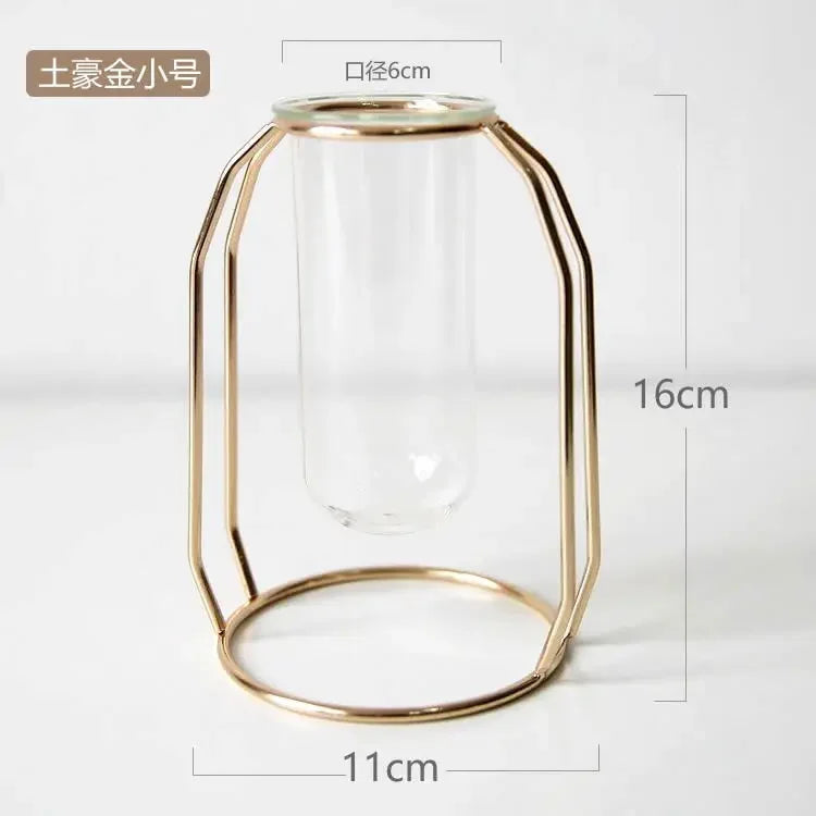 Home Decor Glass Flower Pot Iron Art Vase Rose Gold Hanging Test Tube Nordic Flower Vases Office Tabletop Flowerpots