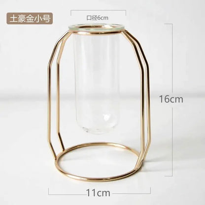 Home Decor Glass Flower Pot Iron Art Vase Rose Gold Hanging Test Tube Nordic Flower Vases Office Tabletop Flowerpots