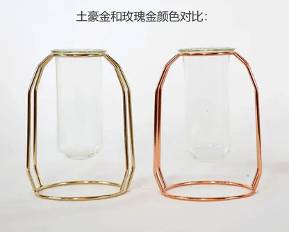 Home Decor Glass Flower Pot Iron Art Vase Rose Gold Hanging Test Tube Nordic Flower Vases Office Tabletop Flowerpots