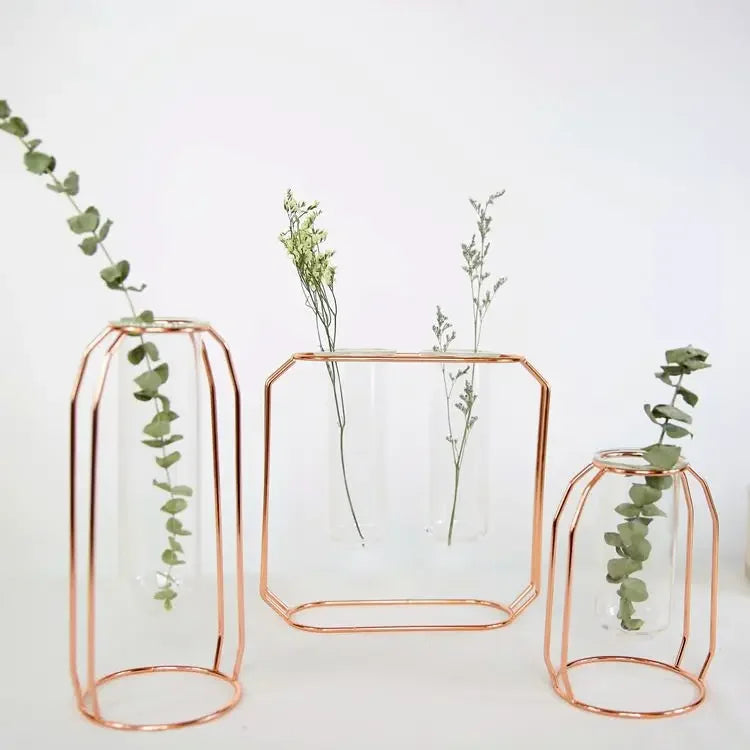 Home Decor Glass Flower Pot Iron Art Vase Rose Gold Hanging Test Tube Nordic Flower Vases Office Tabletop Flowerpots