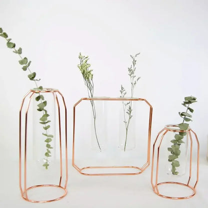Home Decor Glass Flower Pot Iron Art Vase Rose Gold Hanging Test Tube Nordic Flower Vases Office Tabletop Flowerpots