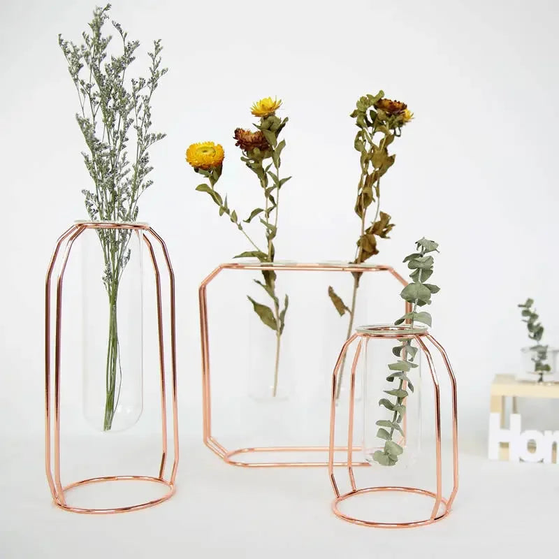 Home Decor Glass Flower Pot Iron Art Vase Rose Gold Hanging Test Tube Nordic Flower Vases Office Tabletop Flowerpots
