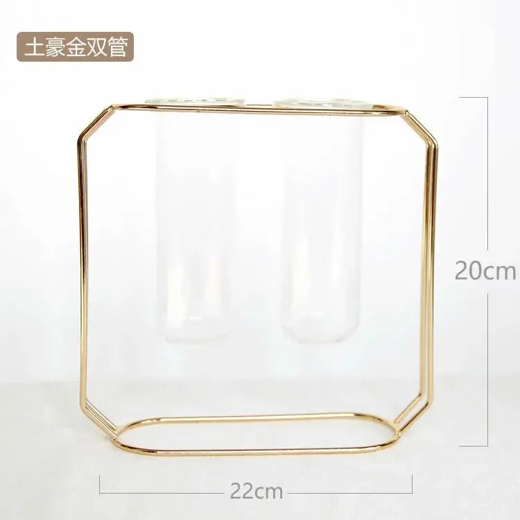 Home Decor Glass Flower Pot Iron Art Vase Rose Gold Hanging Test Tube Nordic Flower Vases Office Tabletop Flowerpots