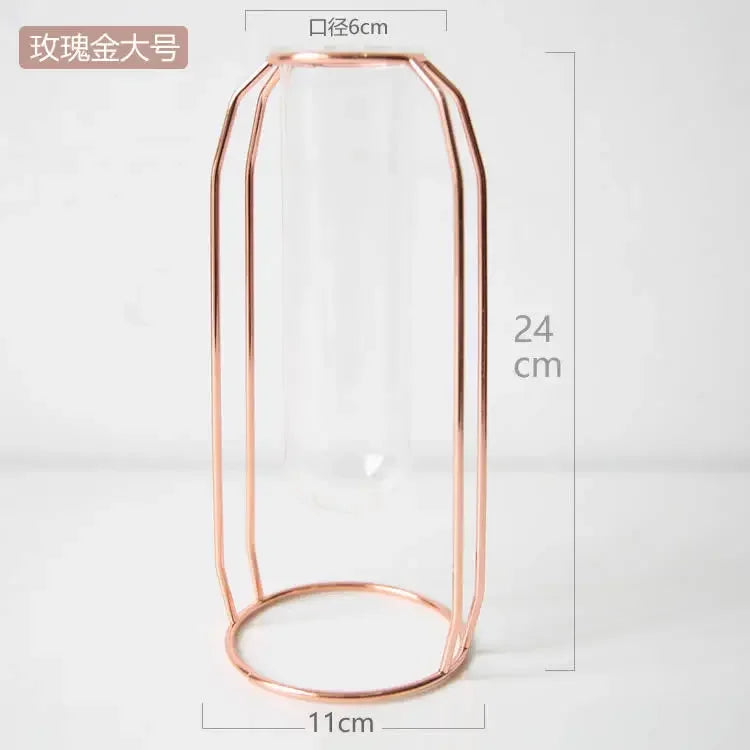 Home Decor Glass Flower Pot Iron Art Vase Rose Gold Hanging Test Tube Nordic Flower Vases Office Tabletop Flowerpots