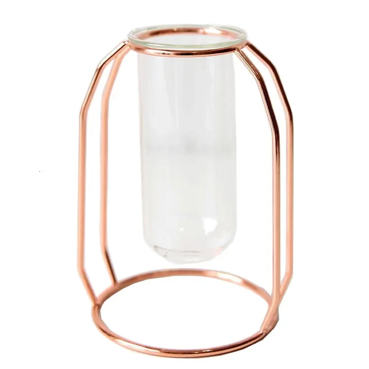 Home Decor Glass Flower Pot Iron Art Vase Rose Gold Hanging Test Tube Nordic Flower Vases Office Tabletop Flowerpots