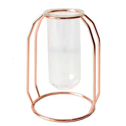 Home Decor Glass Flower Pot Iron Art Vase Rose Gold Hanging Test Tube Nordic Flower Vases Office Tabletop Flowerpots