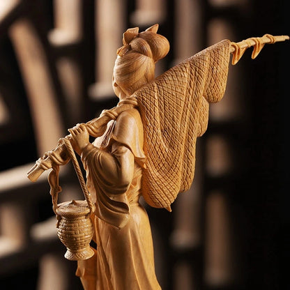 Home Decor Statue Beauty Fishing Boxwood Wood Statue Ornaments Figure Statue Chinese Features Wood Sculpture