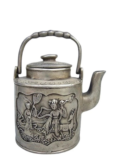 Home Decor metal crafts Fairy Statue Old Tibet Silver Carved Portable teapot flagon